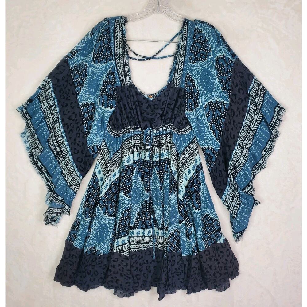 Free People Heart of Gold Mini Dress Blue Charcoal Sz Small Bell Sleeve Lined